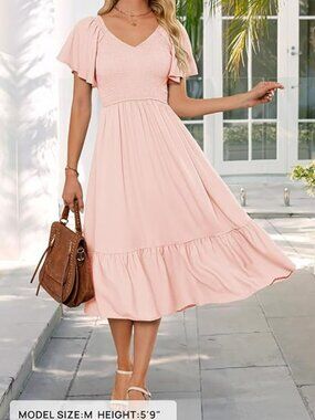 V Neck Pink Ruffle Sleeve Smocked High Waist Midi Dress with Pockets - Medium